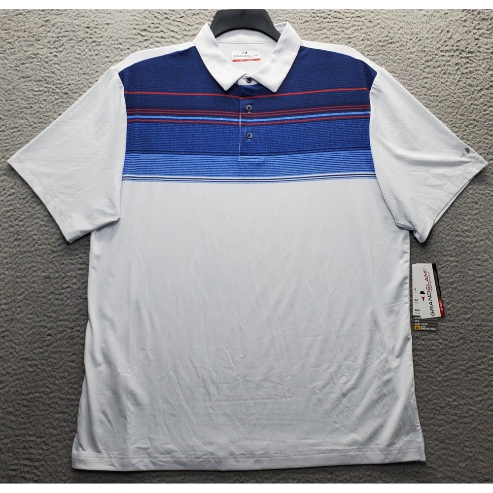 Grand Slam Golf Polo Shirt Mens Large Multi Striped Short Sleeve Stretch UPF 50+